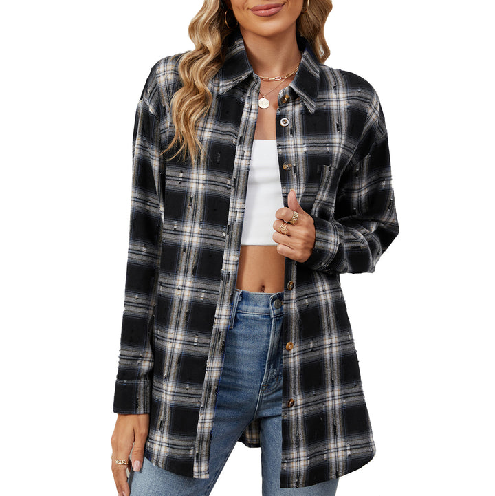 Ladies Flannel Check Shirt with Relaxed Fit and Wooden Details Lune London