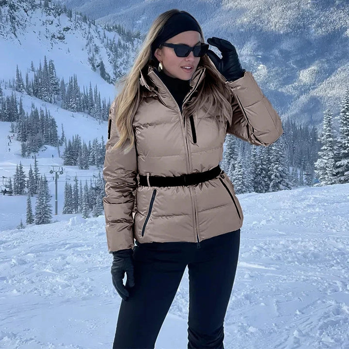 Warm quilted jacket for women with removable hood and belt at the waist Lune London