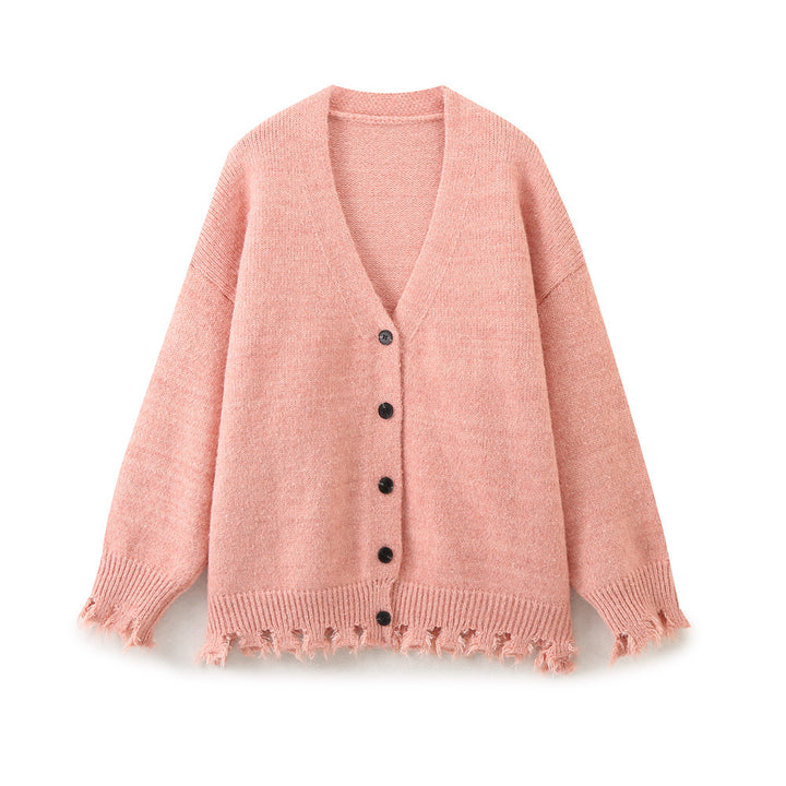 Casual knitted jacket for women with fringed hem and button closure Lune London