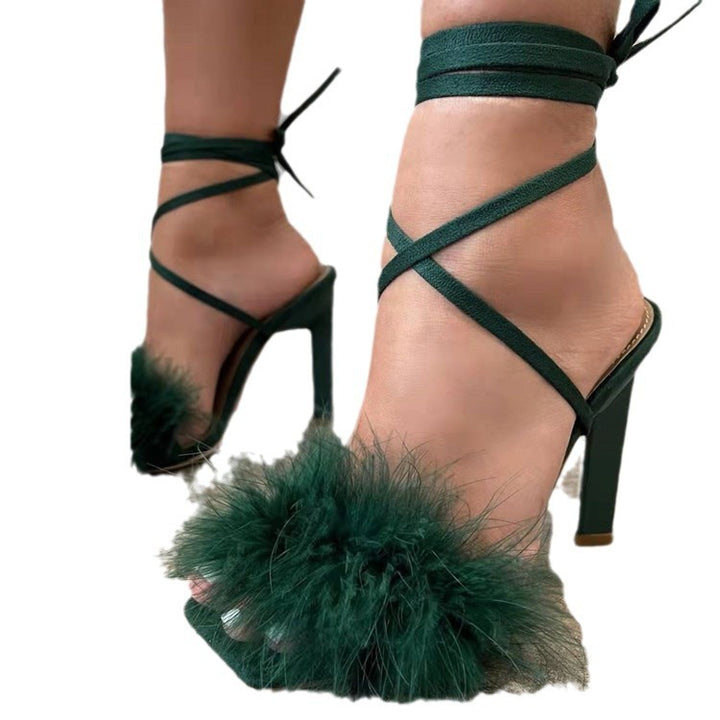 Women's high heel sandals with luxurious feather embellishment Lune London