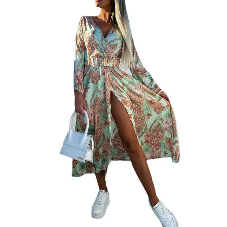 Colorful silk maxi dress for women with a high slit and a belt Lune London