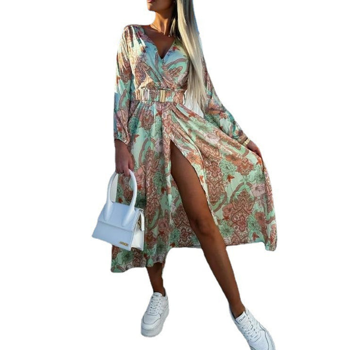 Colorful silk maxi dress for women with a high slit and a belt Lune London