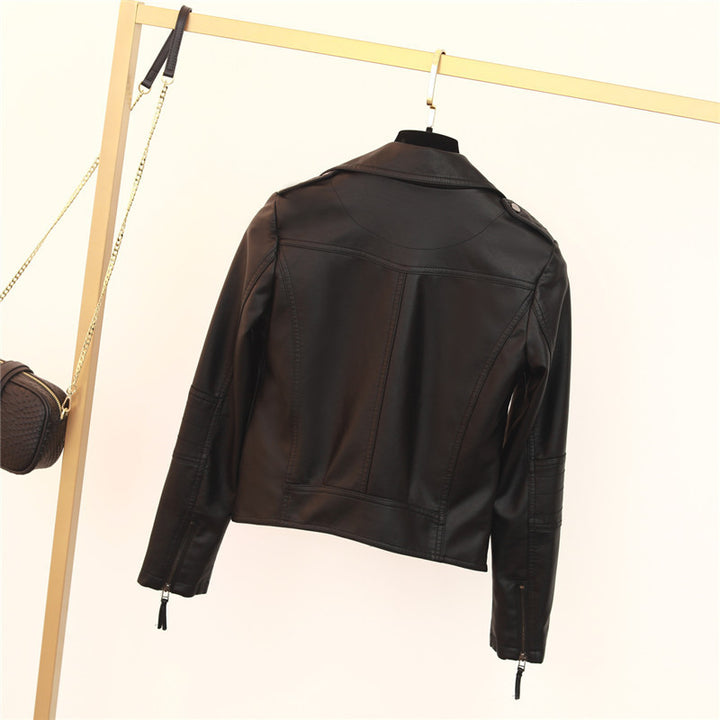 Leather jacket for women with asymmetrical zip and decorative studs Lune London