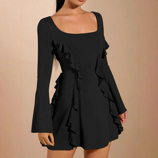 Elegant ruffled dress for women with deep neckline and long sleeves Lune London