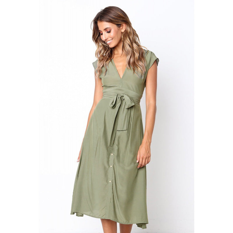 Robe midi pour femme avec un chic décolleté en V et une ceinture ajustée Chic & Stil
