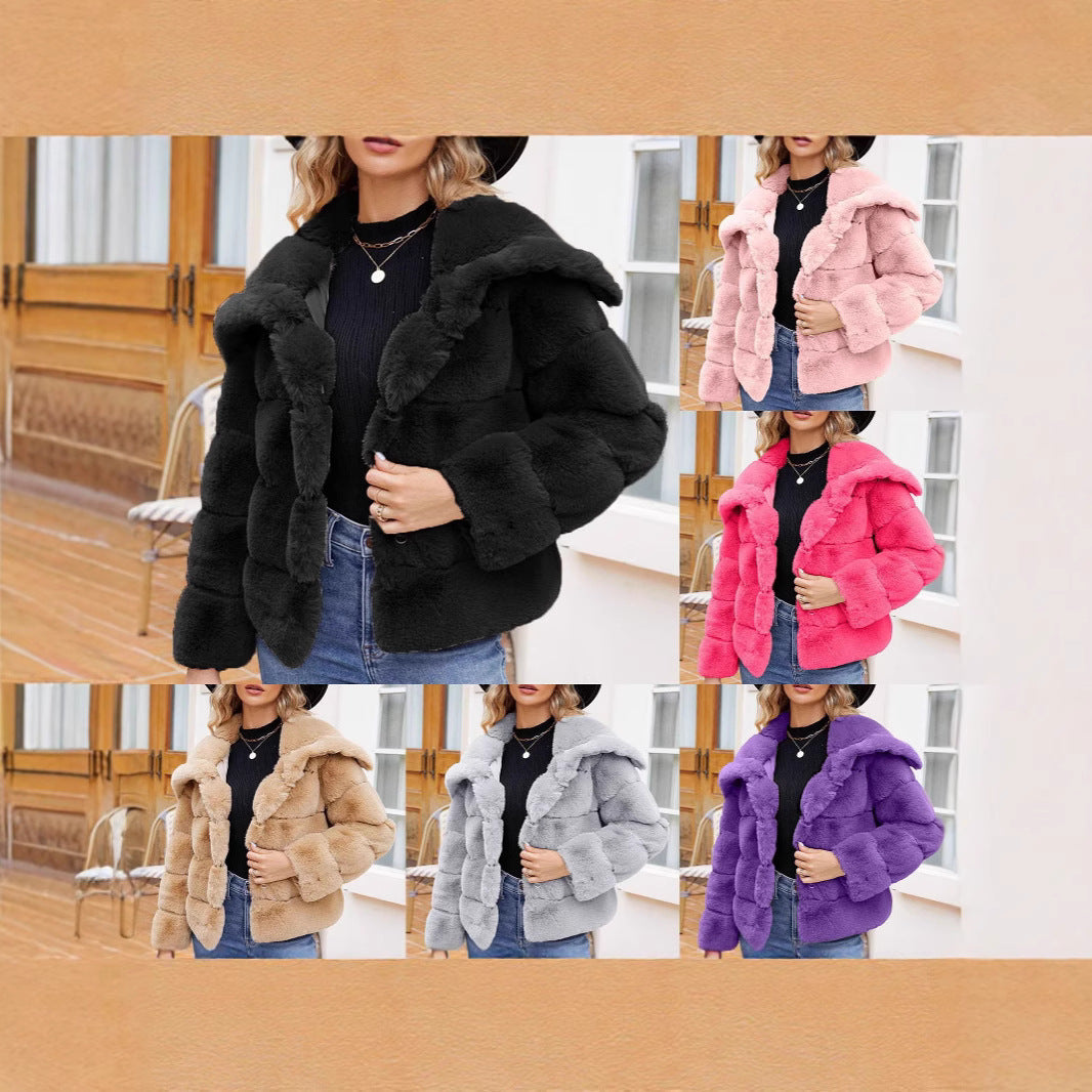 Ladies Hooded Faux Fur Fashion Jacket with Textured Design Lune London