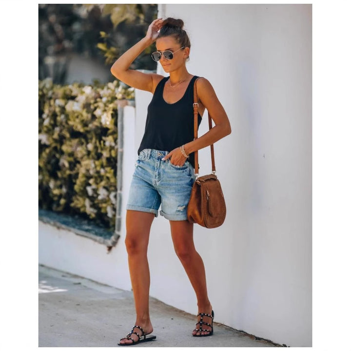 Casual denim shorts for women with rolled hem and distressed details Lune London