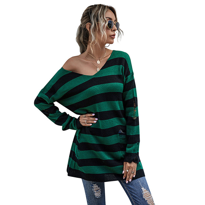 Casual sweater for women with asymmetrical neckline and striped design Lune London