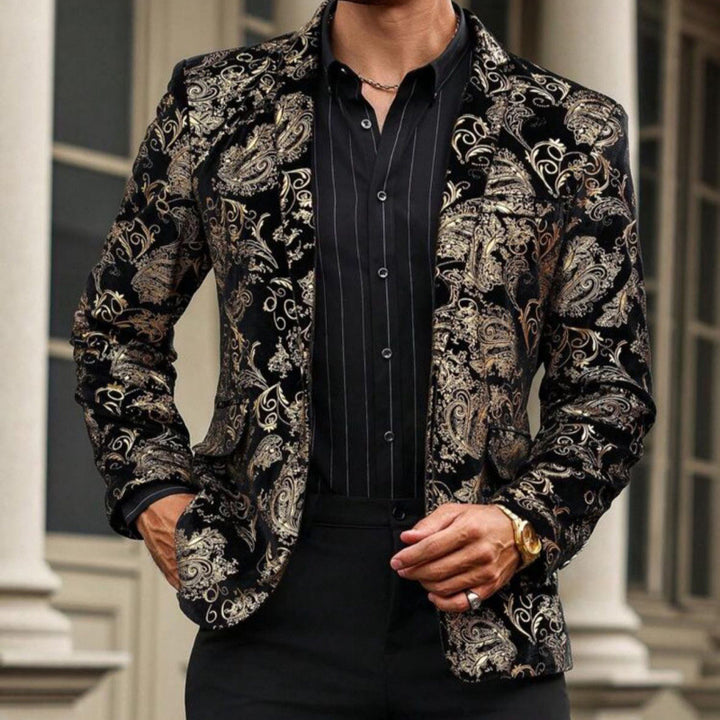 Men's elegant velvet blazer with floral design and shiny accents Lune London