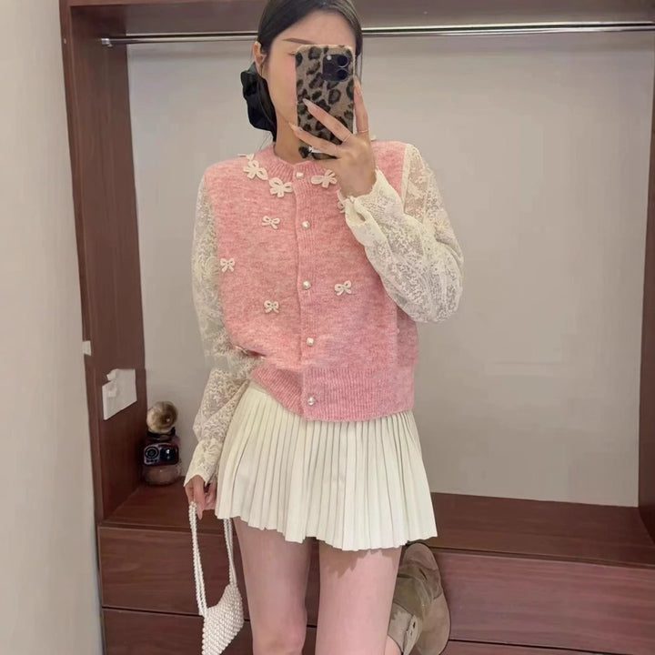 Women's knitted jacket with elegant lace details and a bow Lune London