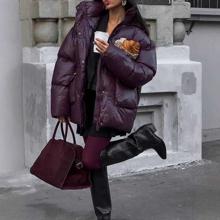 Ladies Oversized Puffer with visible quilted design and high collar Lune London