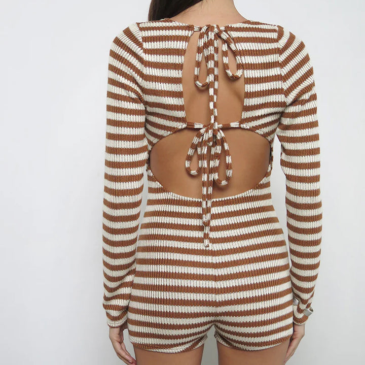 Ladies casual knit jumpsuit with V-neck and long sleeves Lune London