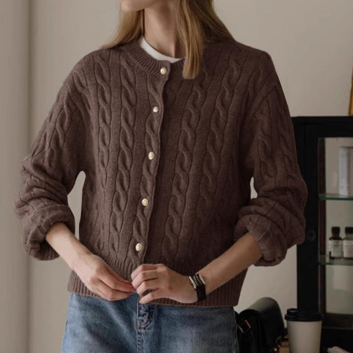 Knitted jacket for women with cable pattern and elegant button details Lune London