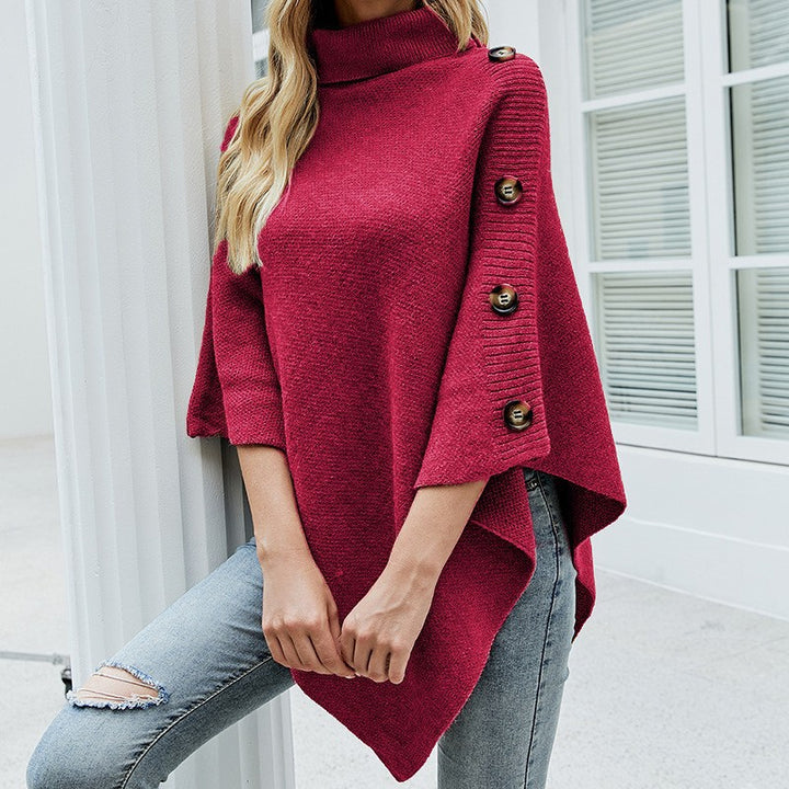 Elegant ladies poncho with high collar and decorative buttons Lune London
