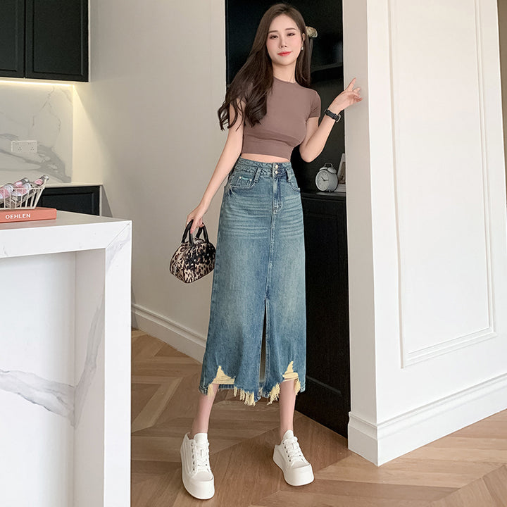 Jupe longue en denim pour femmes avec fente latérale et ourlet effiloché Chic & Stil