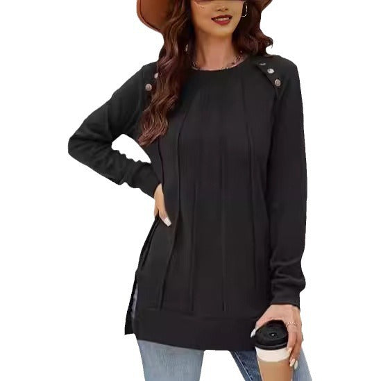 Ladies long sleeve T-shirt with decorative buttons and side slits Lune London