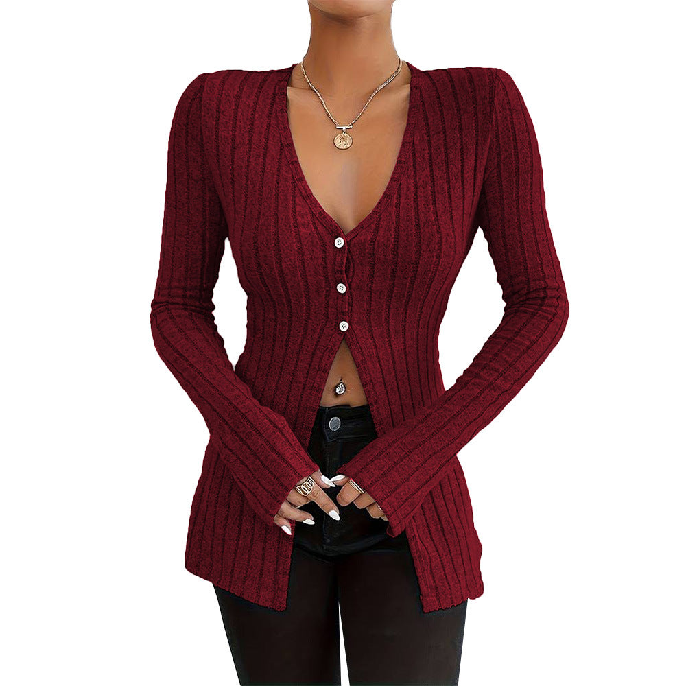 Cardigan pour femme à manches longues avec texture à côtes fines et détails de boutons élégants Chic & Stil