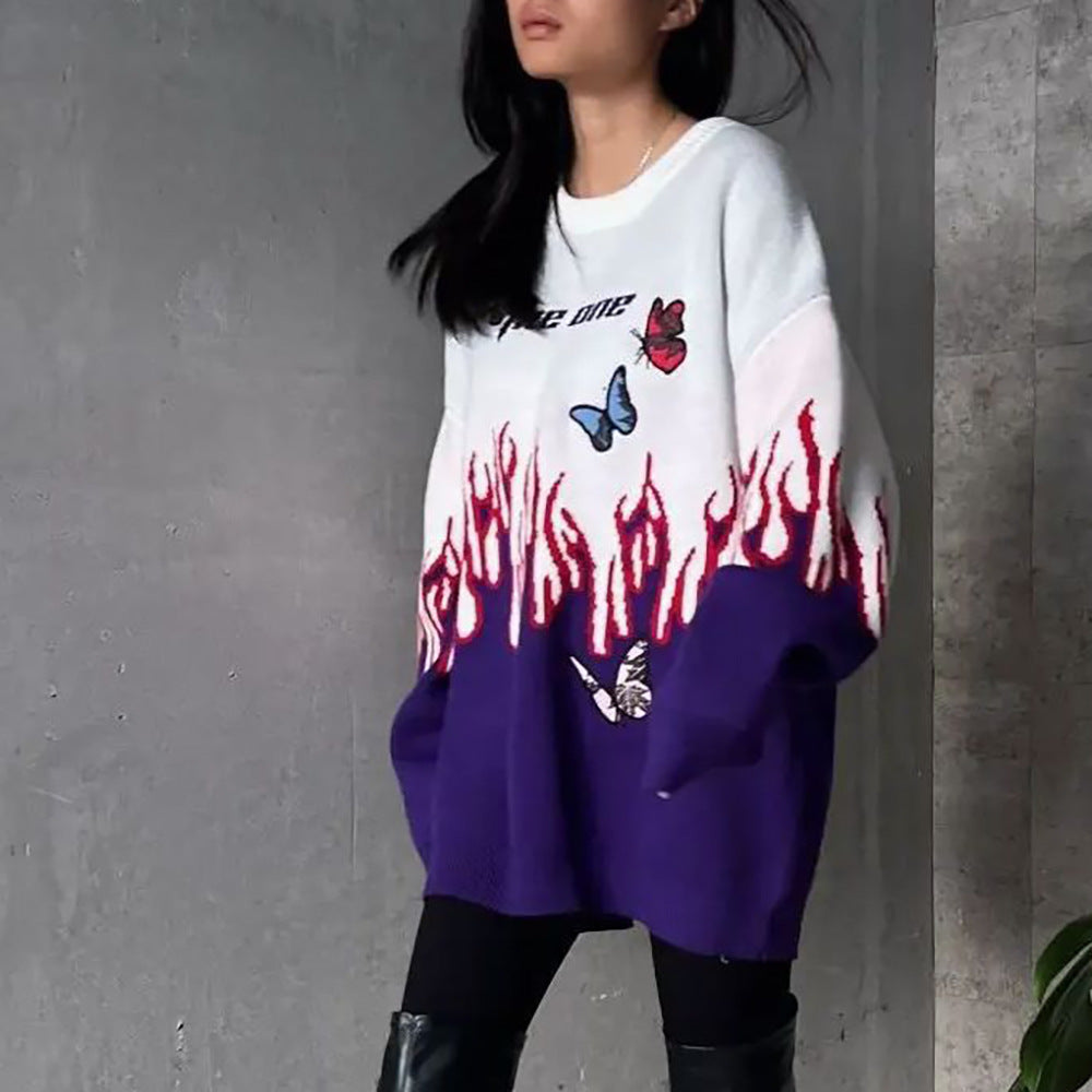 Chunky knit sweater for women with a unique design of flames and butterflies Lune London