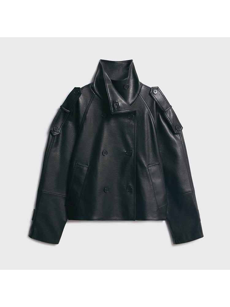 Plus size synthetic leather jacket for women with asymmetric lapels Lune London