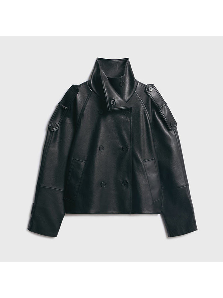 Plus size synthetic leather jacket for women with asymmetric lapels Lune London