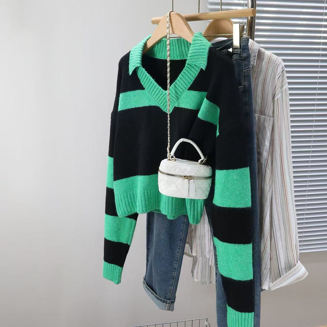 Knit sweater for women with deep V-neck and striped design Lune London