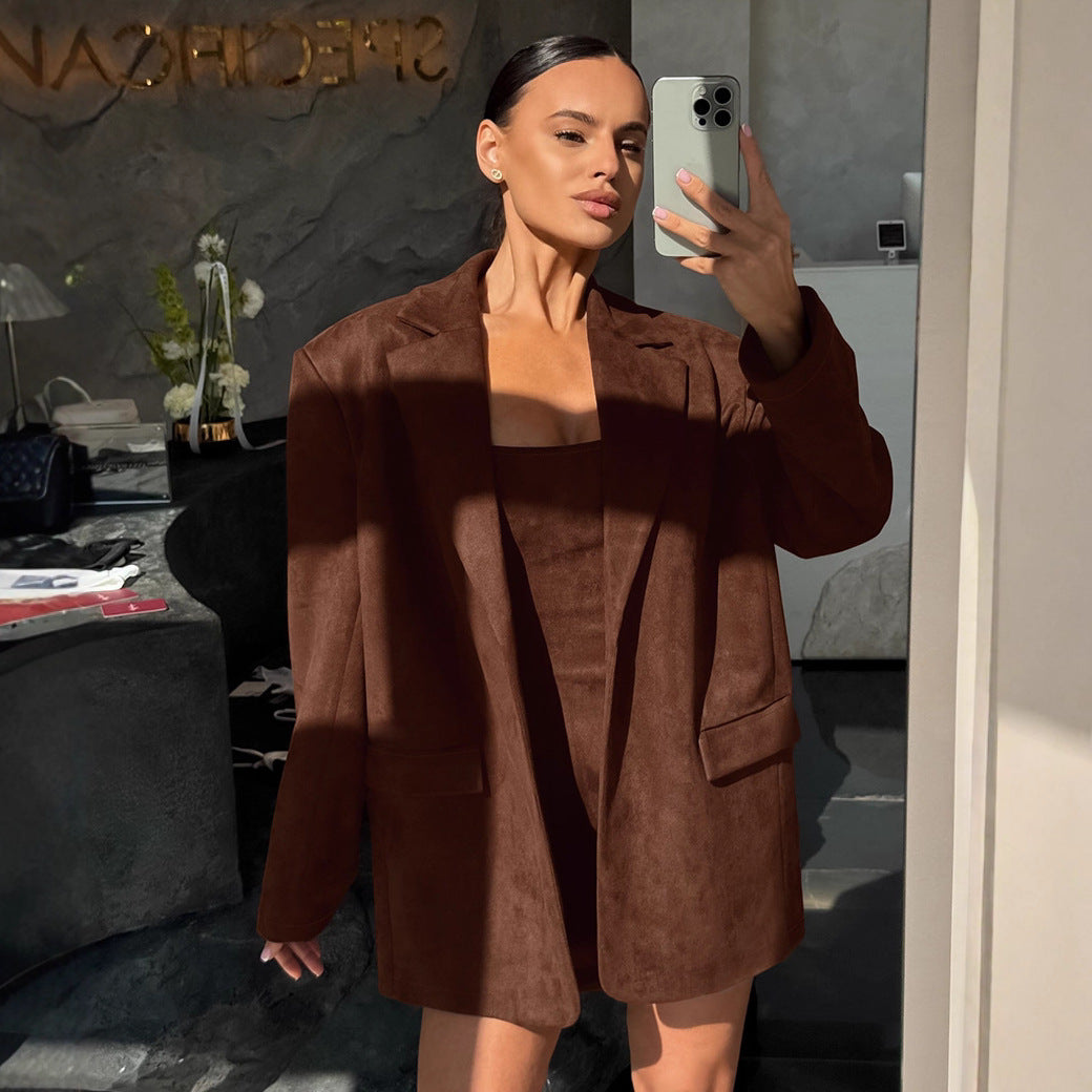 Women’s suede blazer set with integrated mini dress option Lune London