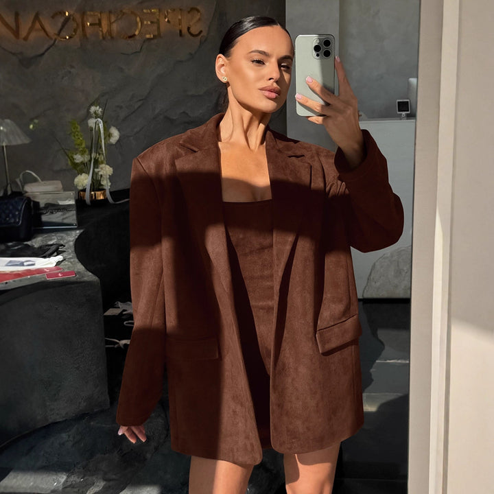Women’s suede blazer set with integrated mini dress option Lune London
