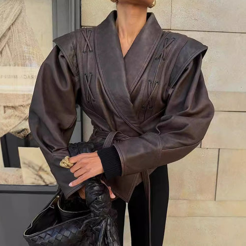 Elegant faux leather jacket for women with drapes and adjustable belt Lune London
