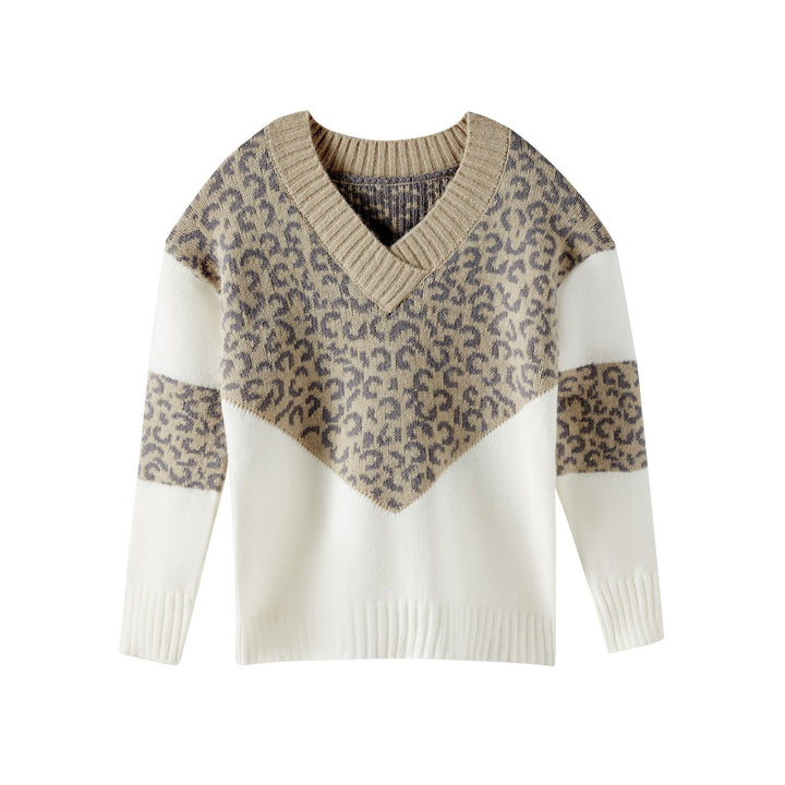 Women's knitted sweater with V-neck and colorful leopard pattern Lune London