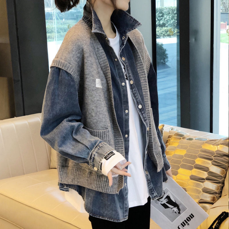 Women casual denim jacket with textured knit design Lune London