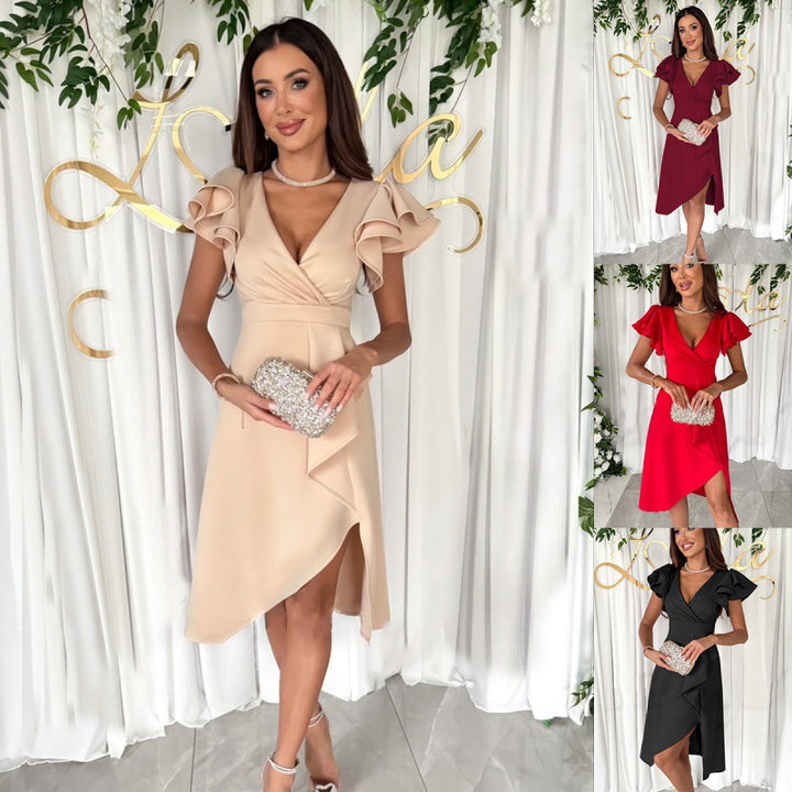 Midi dress with ruffle neckline and high slit Lune London