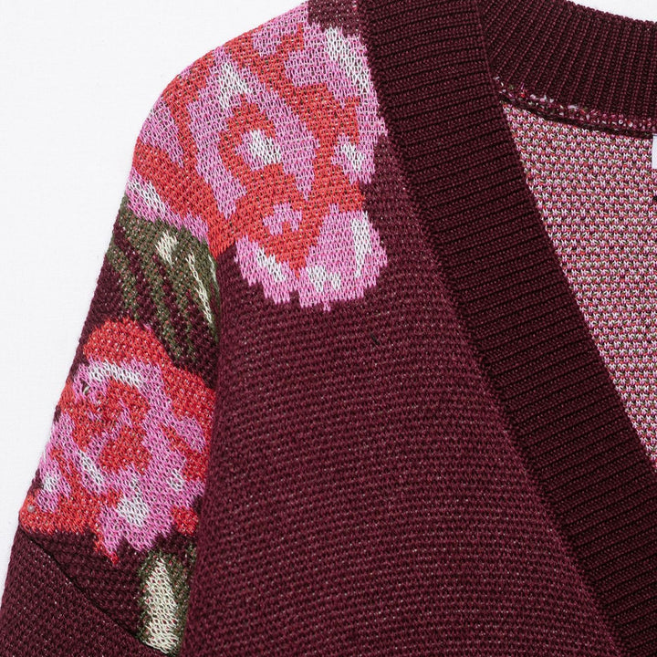 Knit jacket for women with floral pattern and deep V-neck Lune London