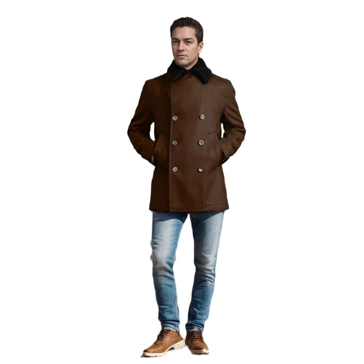 Double-breasted wool coat for men with faux fur collar Lune London