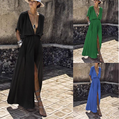 Women's Elegant Maxi Dress with Deep V-Neck and High Slit Lune London