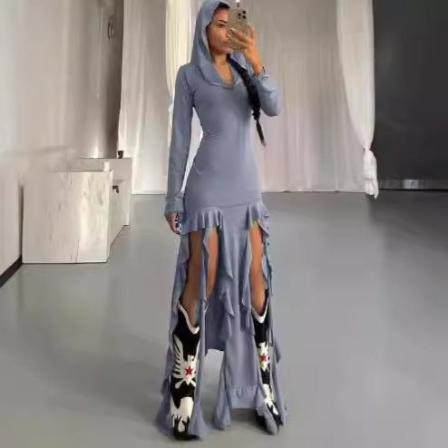 Maxi dress with long sleeves for women with hood and ruffle details Lune London