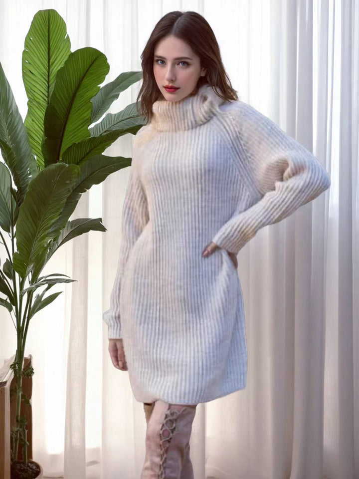 Knit dress for women with high collar and fine ribbed structure Lune London