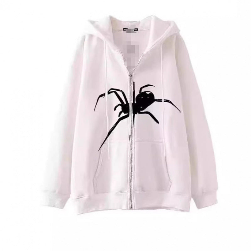 Women's hooded jacket with creative spider motif and practical zipper Lune London