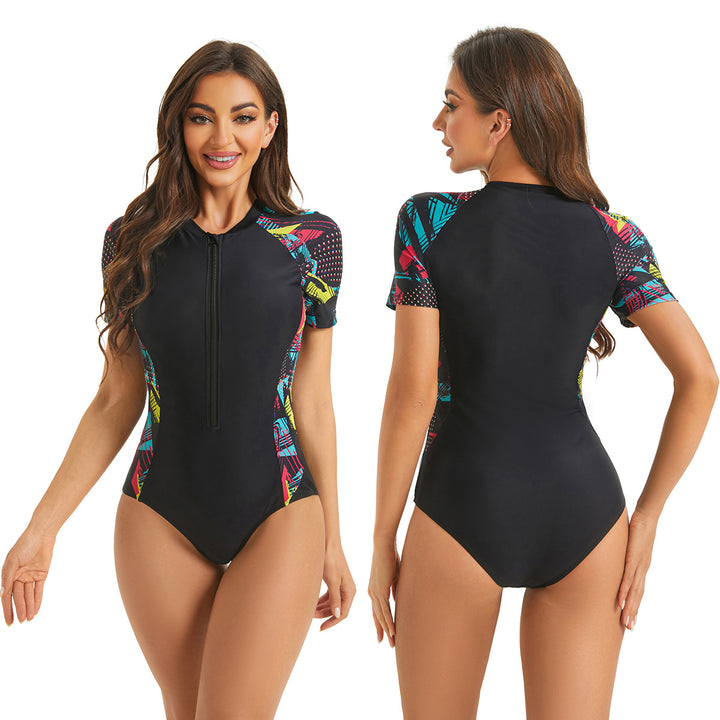 Sporty women's swimsuit with stylish zipper and colorful pattern Lune London