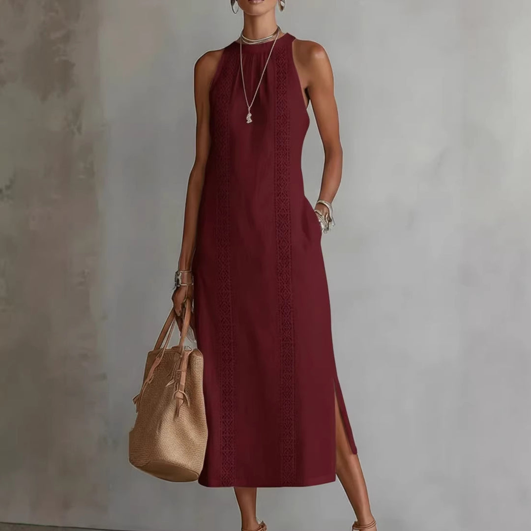 Women Elegant Summer Maxi Dress with Lace Appliqué and Side Slit Lune London