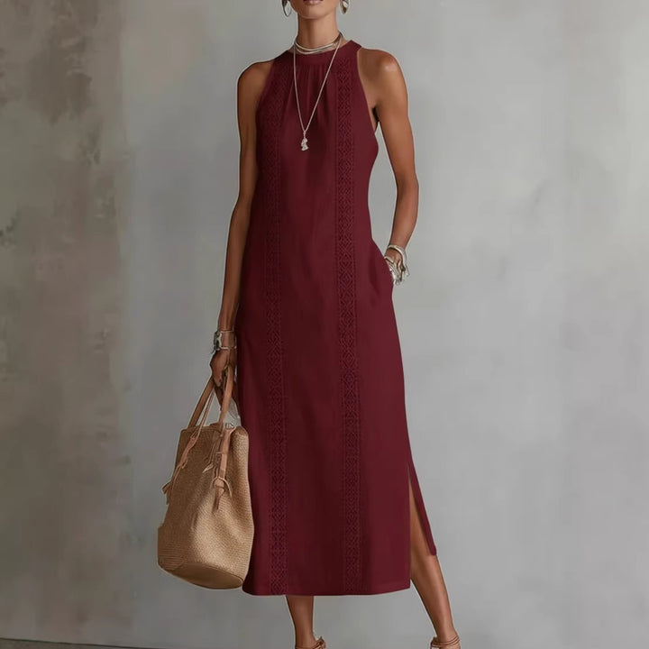 Women Elegant Summer Maxi Dress with Lace Appliqué and Side Slit Lune London