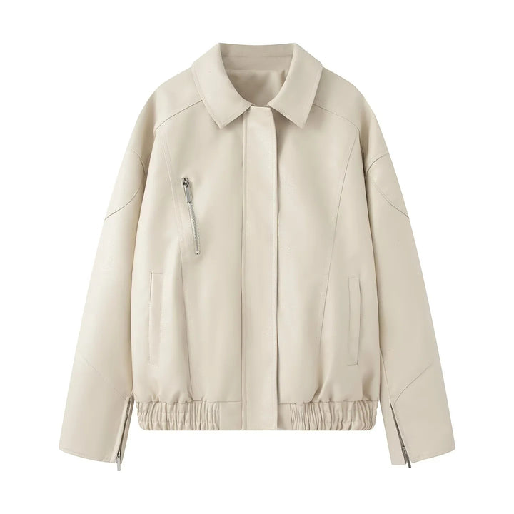 Fashionable women's faux leather jacket with elastic hem and practical pockets Lune London