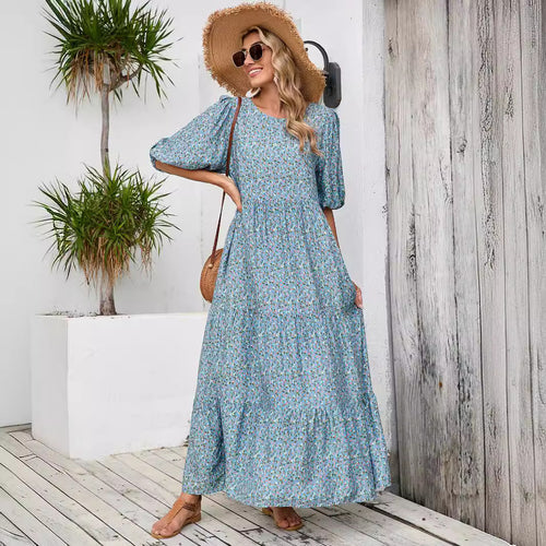 Lune London bohemian maxi dress for women with puff sleeves