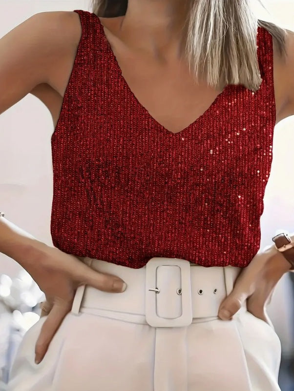 Ladies Sequin V Tank Top Lune London