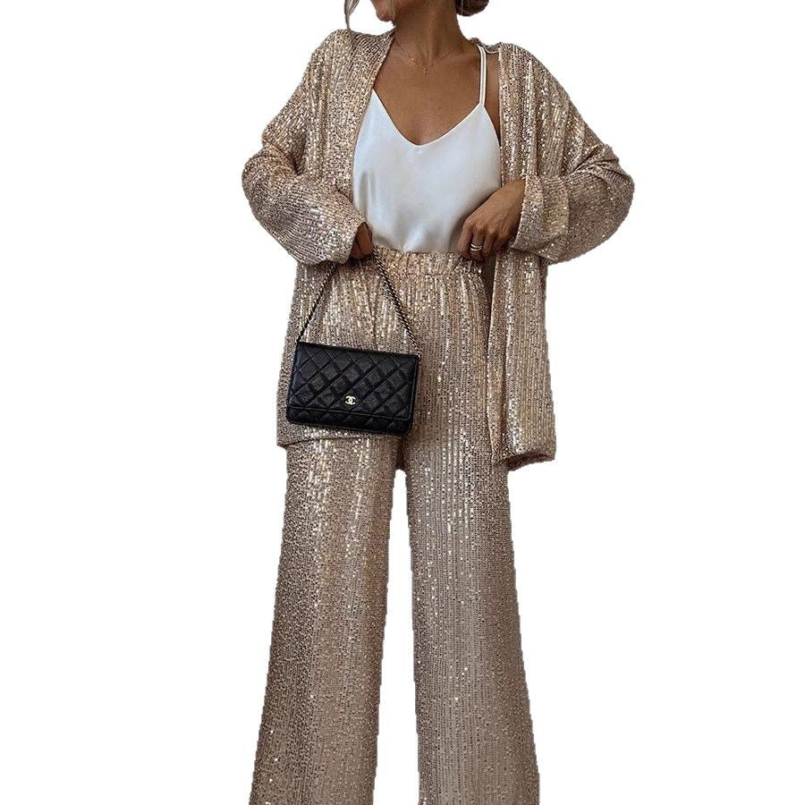 Women Glittering Blazer Suit with Wide Leg and Shimmering Sequins Lune London
