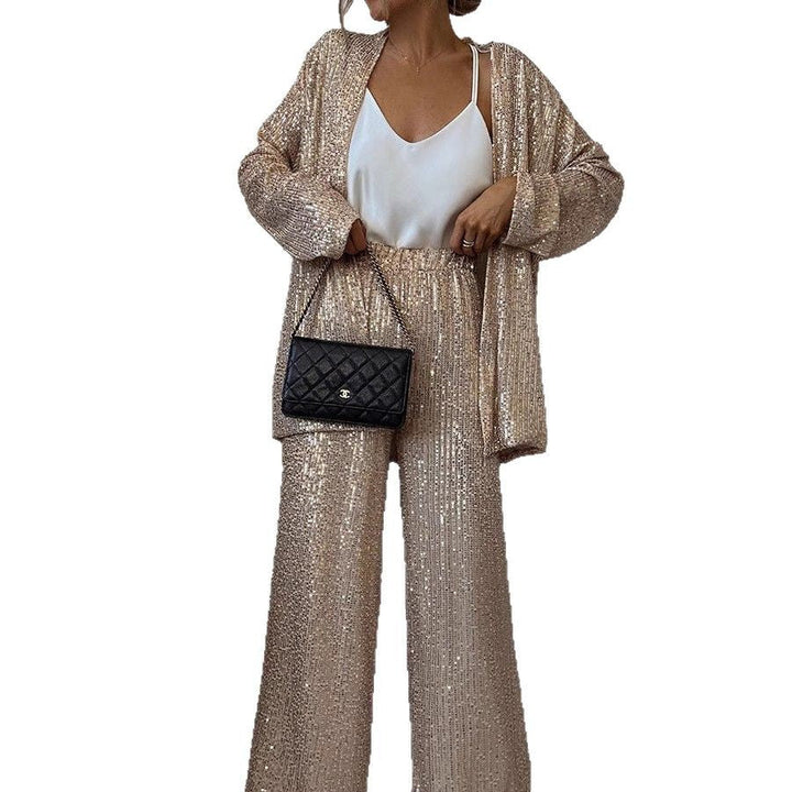 Women Glittering Blazer Suit with Wide Leg and Shimmering Sequins Lune London