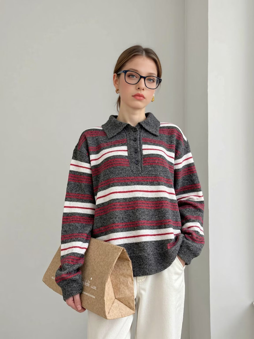 Elegant knitted sweater for women with polo collar and striped pattern Lune London