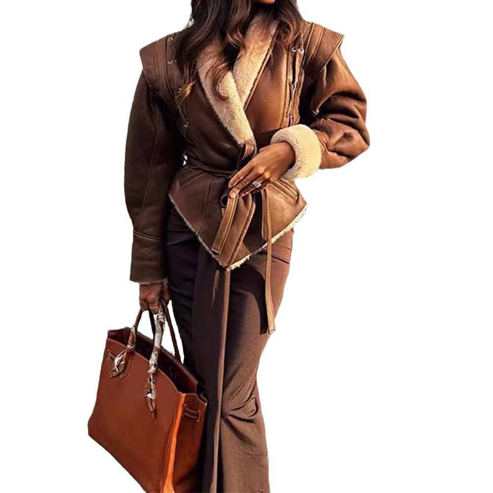 Long suede coat for women with adjustable belt and trendy collar Lune London