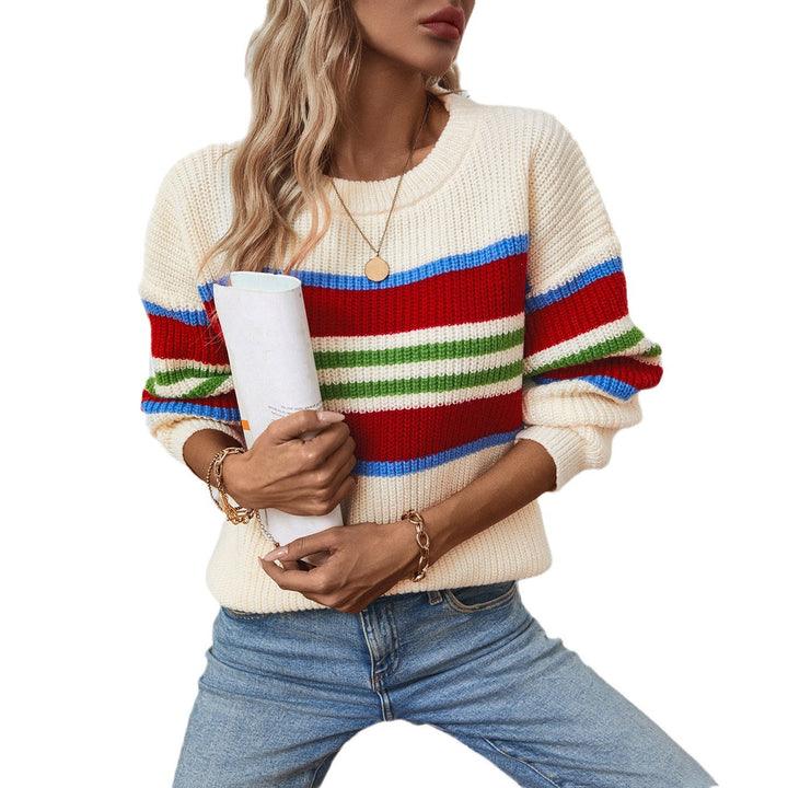 Casual knitted sweater for women with colorful stripes and a round neck Lune London