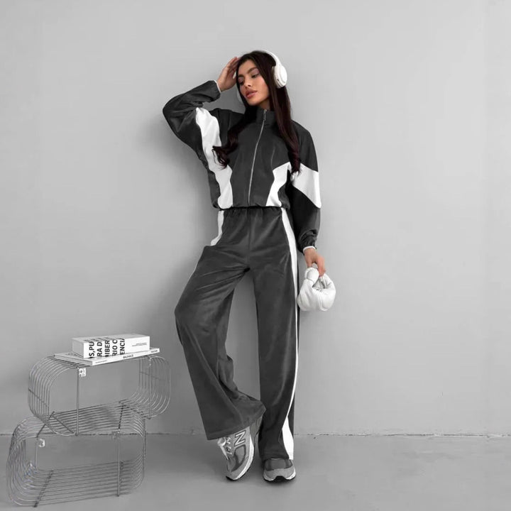 Women's Sport Velvet Jogging Set with Zip and Side Stripes Lune London