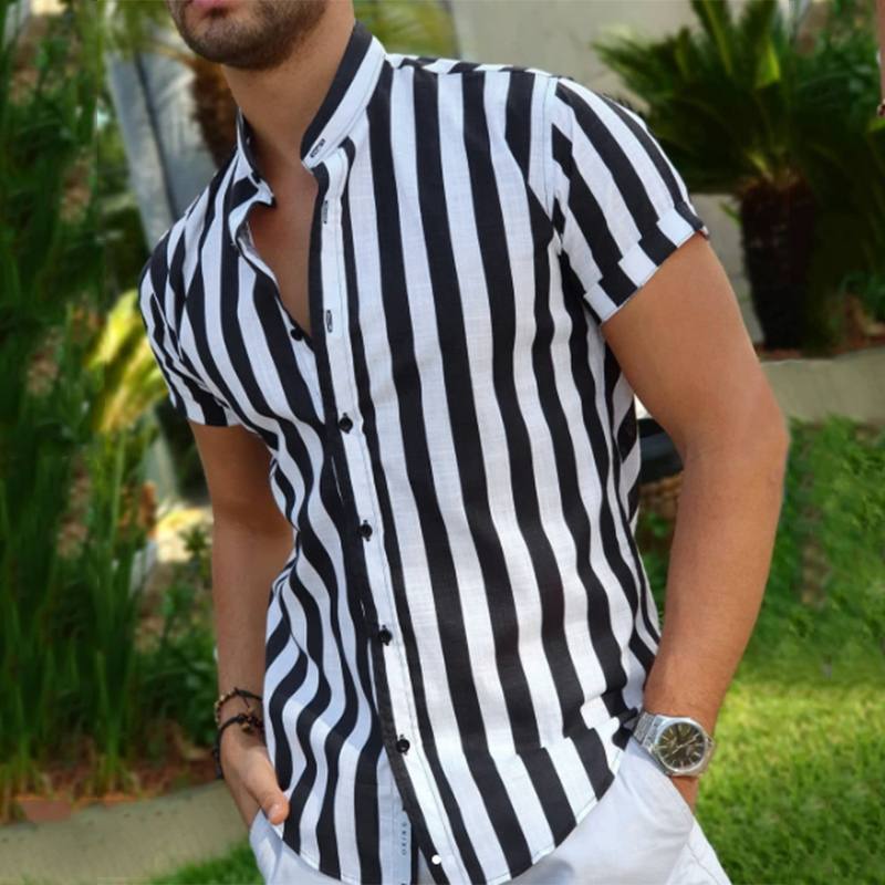 Short-sleeved shirt for men with a modern striped pattern and a stand collar Lune London